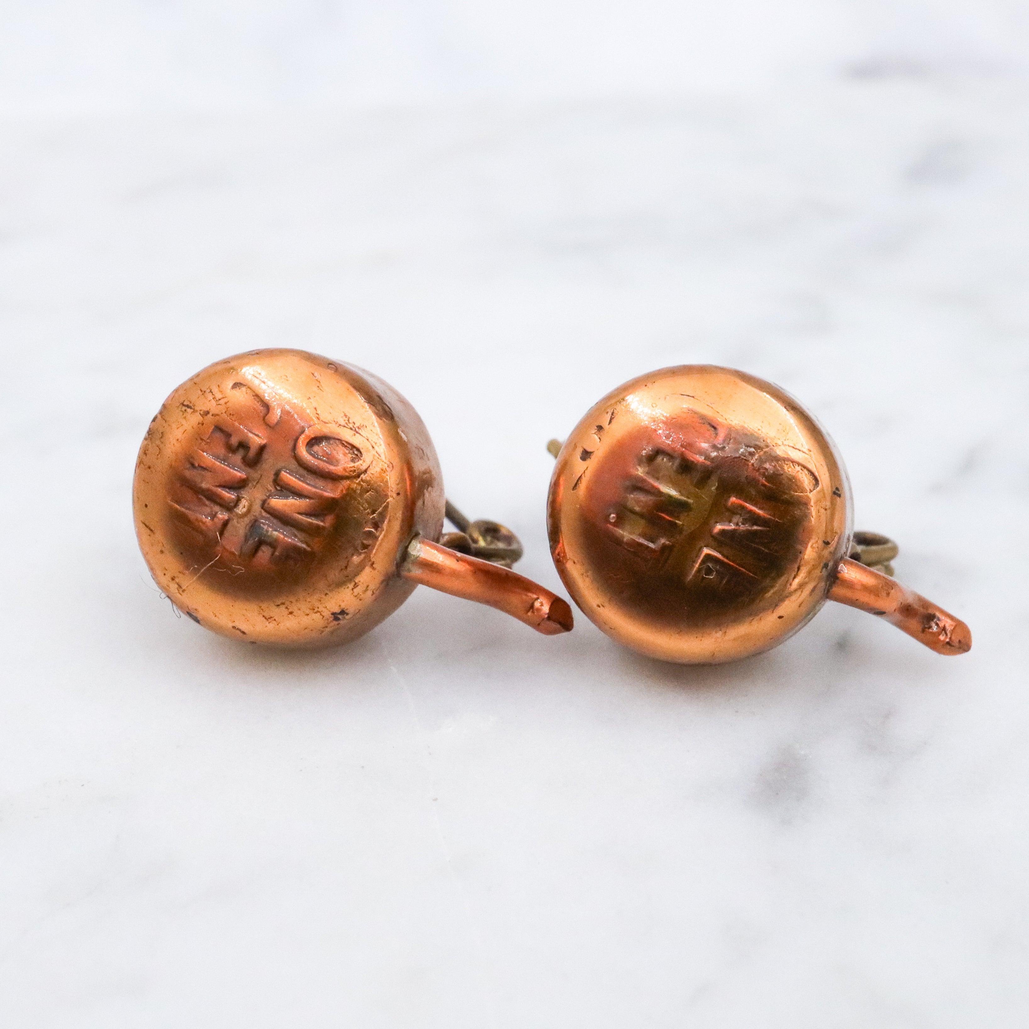 Pair of antique early 20th century prisoner made wheat penny copper tea kettles